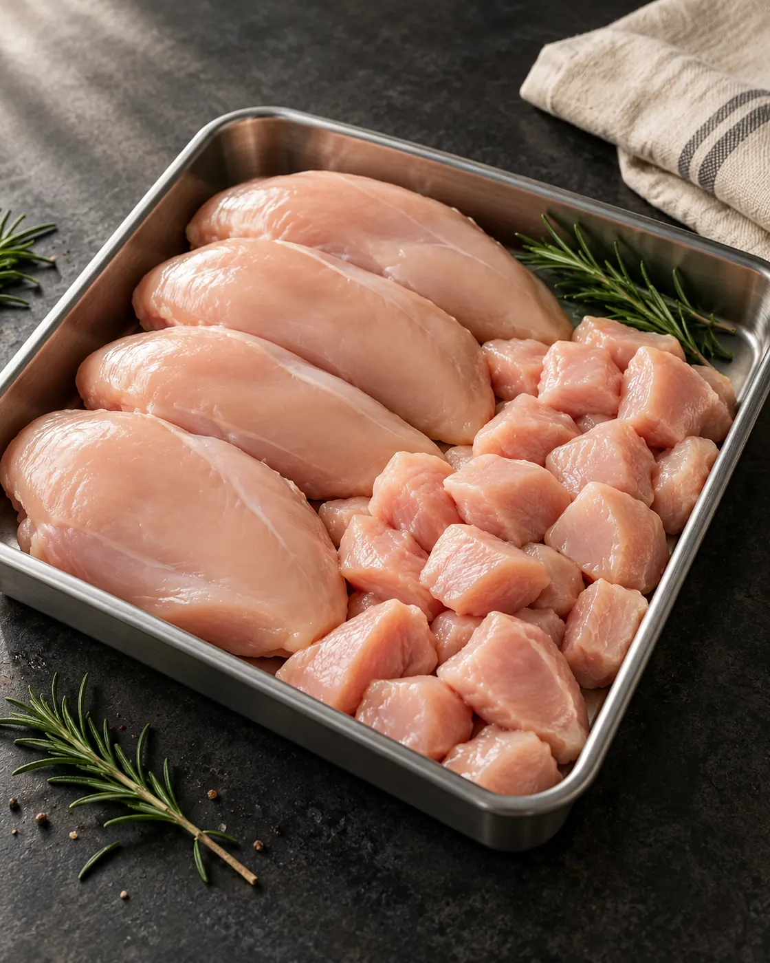 Chicken fillets and prepared chicken cuts arranged in a stainless steel kitchen tray